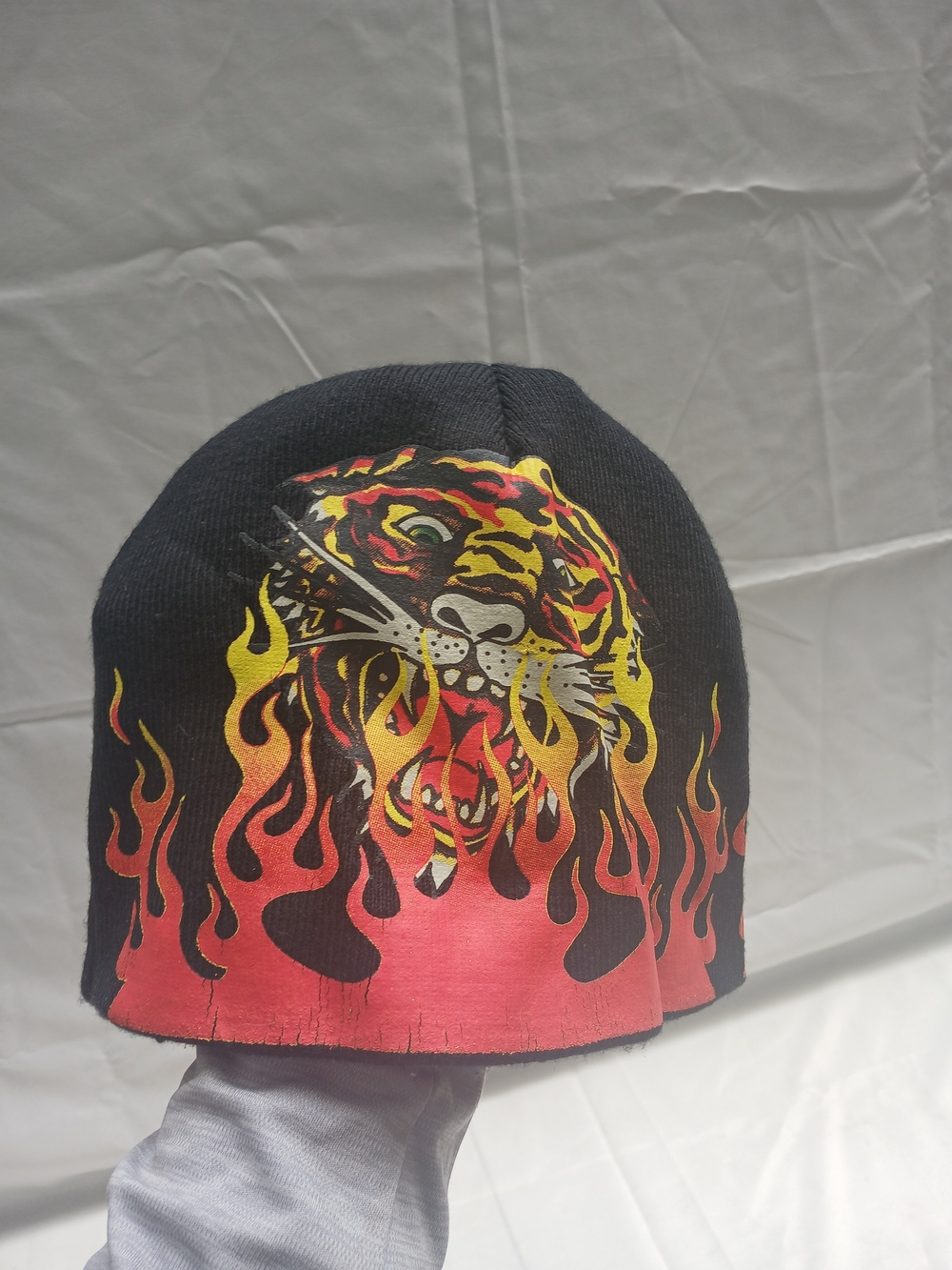 Black Beanie with Flaming Tiger Graphic